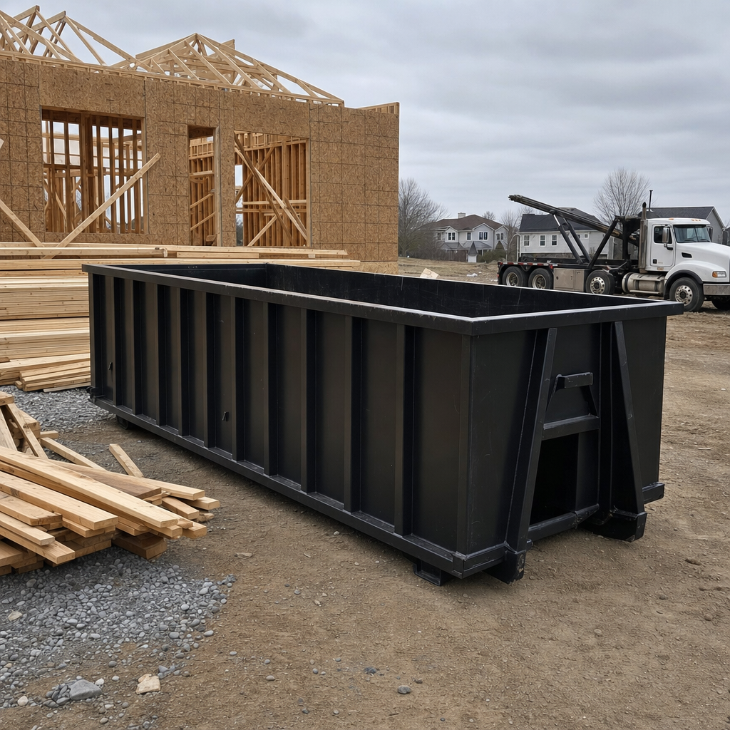 Matte-black 40-yard roll-off dumpster staged on a framed-out residential construction site in Escondido, framing lumber stacked nearby, hooklift delivery truck visible in the background under bright Colorado daylight