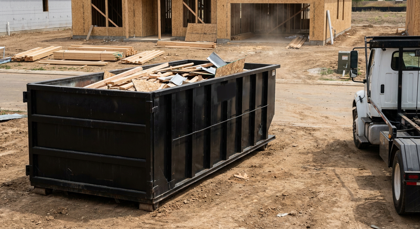 Matte-black 20-yard roll-off construction dumpster with heavy ribbed steel sidewalls and swing rear doors at a working jobsite in Escondido, sitting directly on compacted dirt with an unmarked white hauler partially visible at the far edge of the frame.