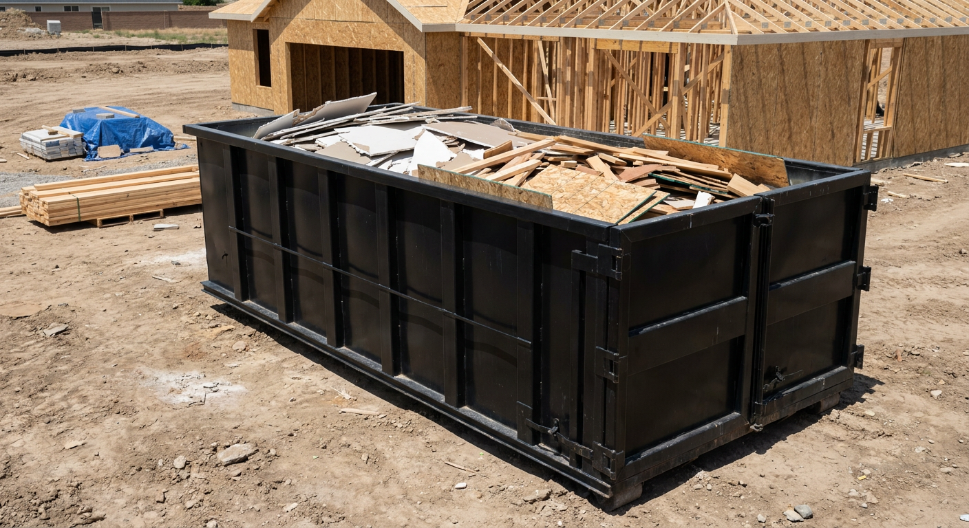 Matte-black 30-yard roll-off construction dumpster sitting directly on the compacted-dirt site of a framed single-family home build in Escondido, drywall and lumber scrap loaded inside.