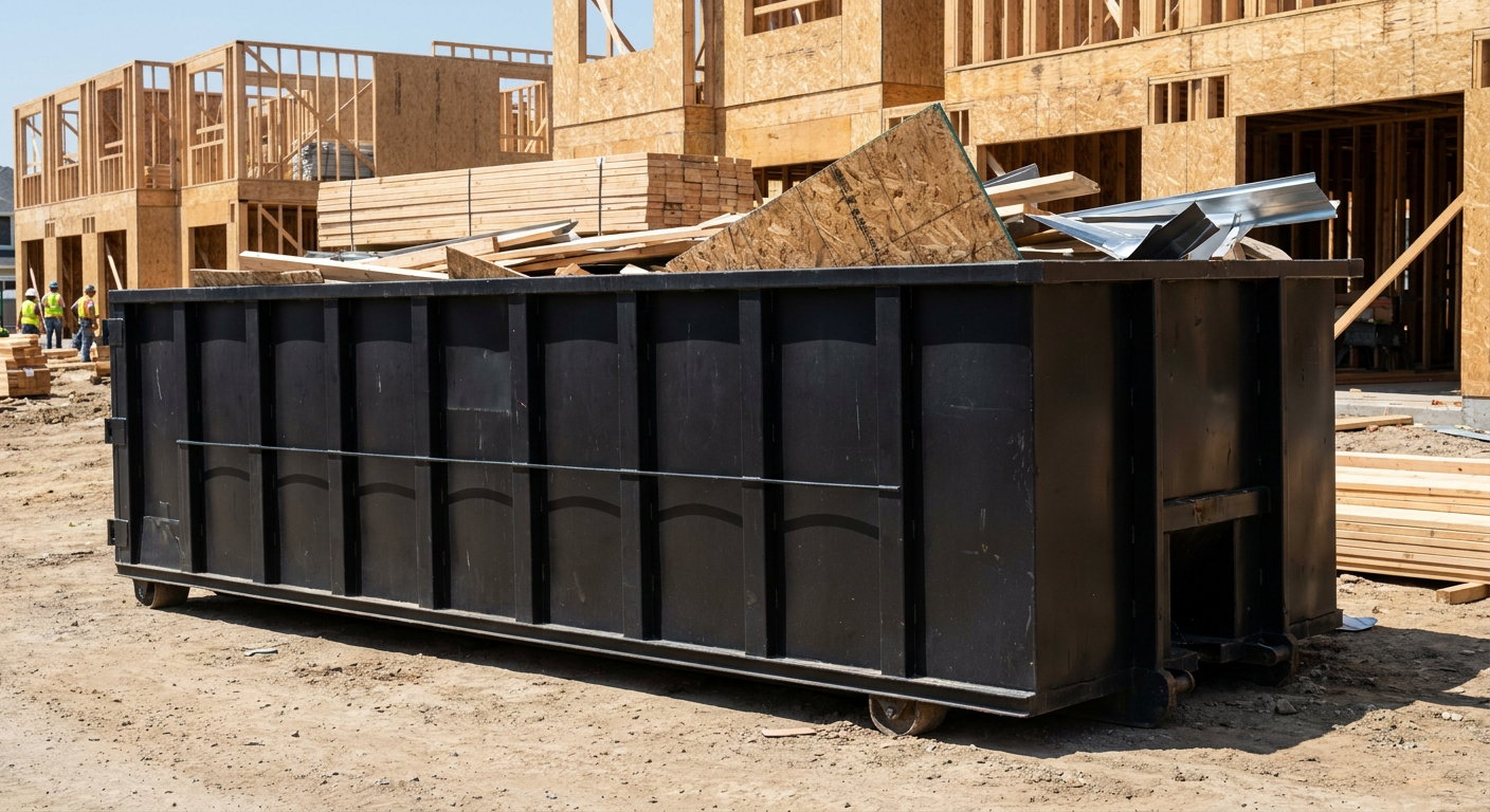 Matte-black 40-yard roll-off construction dumpster being lowered from a white-cab hooklift delivery truck onto the compacted-dirt jobsite at a commercial build site in Escondido