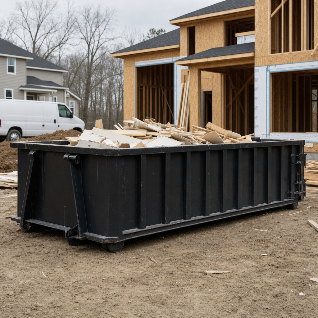 Worker in a yellow high-visibility vest tossing framing lumber and broken drywall into a matte-black 30-yard construction roll-off dumpster on an active build site in Escondido, bright daylight