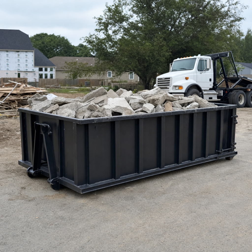 Low-profile matte-black lowboy roll-off dumpster loaded with broken concrete slab and rebar at a foundation tear-out in Escondido, skid steer parked beside it, sunny Colorado morning