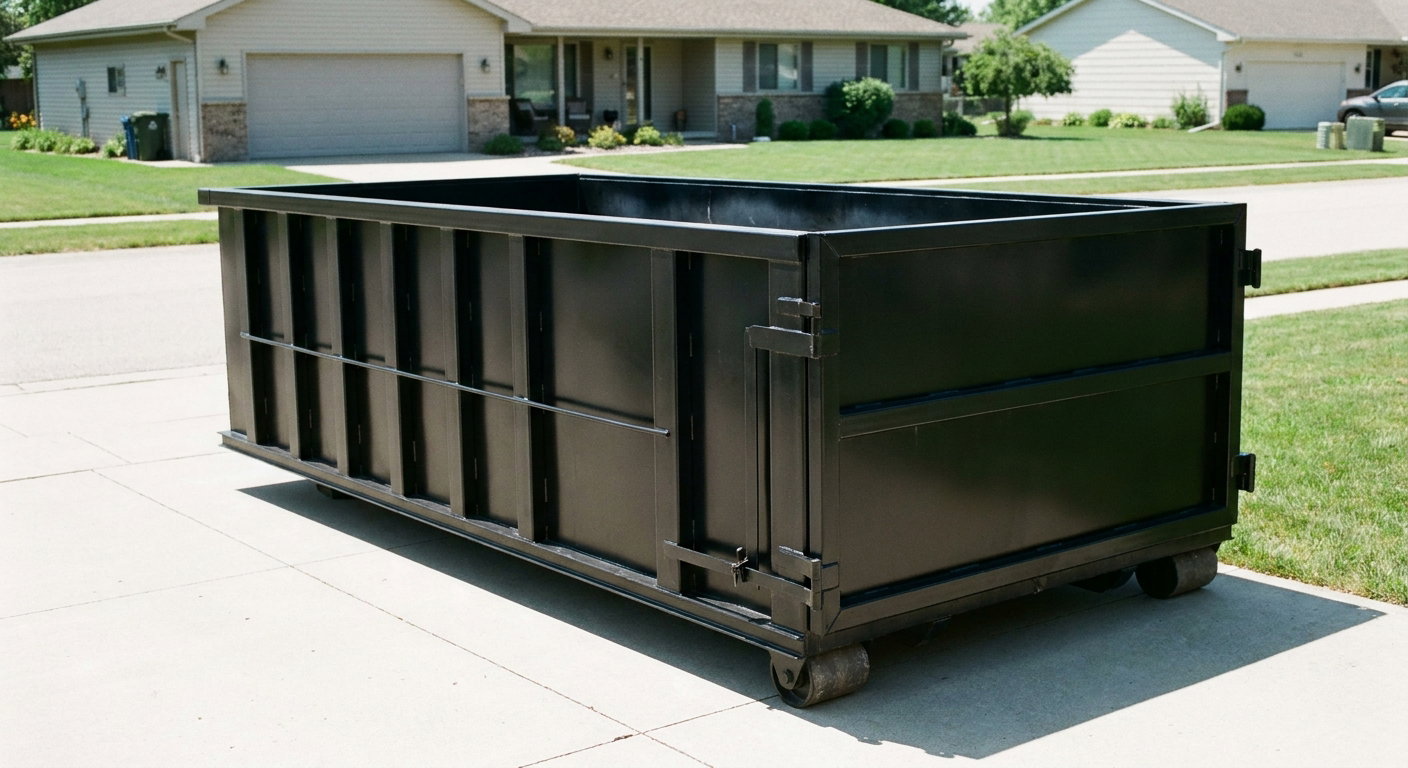 Matte-black 10-yard roll-off dumpster on a residential concrete driveway in Escondido, uniformly painted matte black across every panel and rail, ribbed steel sidewalls and rear swing door visible, mid-day daylight.
