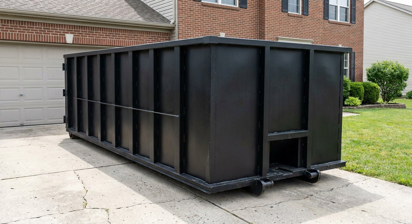 Matte-black 20-yard roll-off container on a Escondido residential concrete driveway with reinforced ribbed steel sidewalls and a hinged rear walk-in door, clean bright daylight.