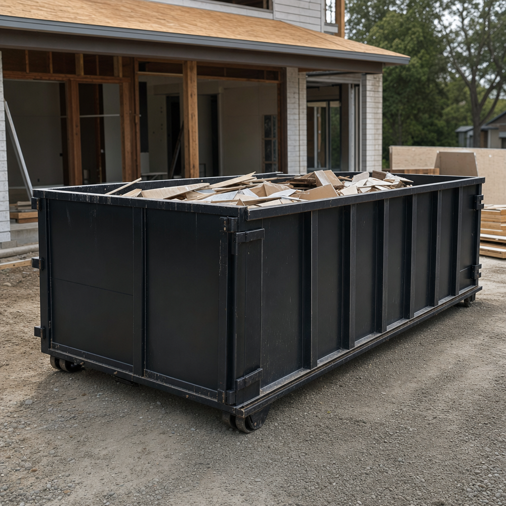 Large matte-black 30-yard construction roll-off dumpster at an active Escondido jobsite, steel-gray top rails and bottom rollers visible, loaded with construction debris.