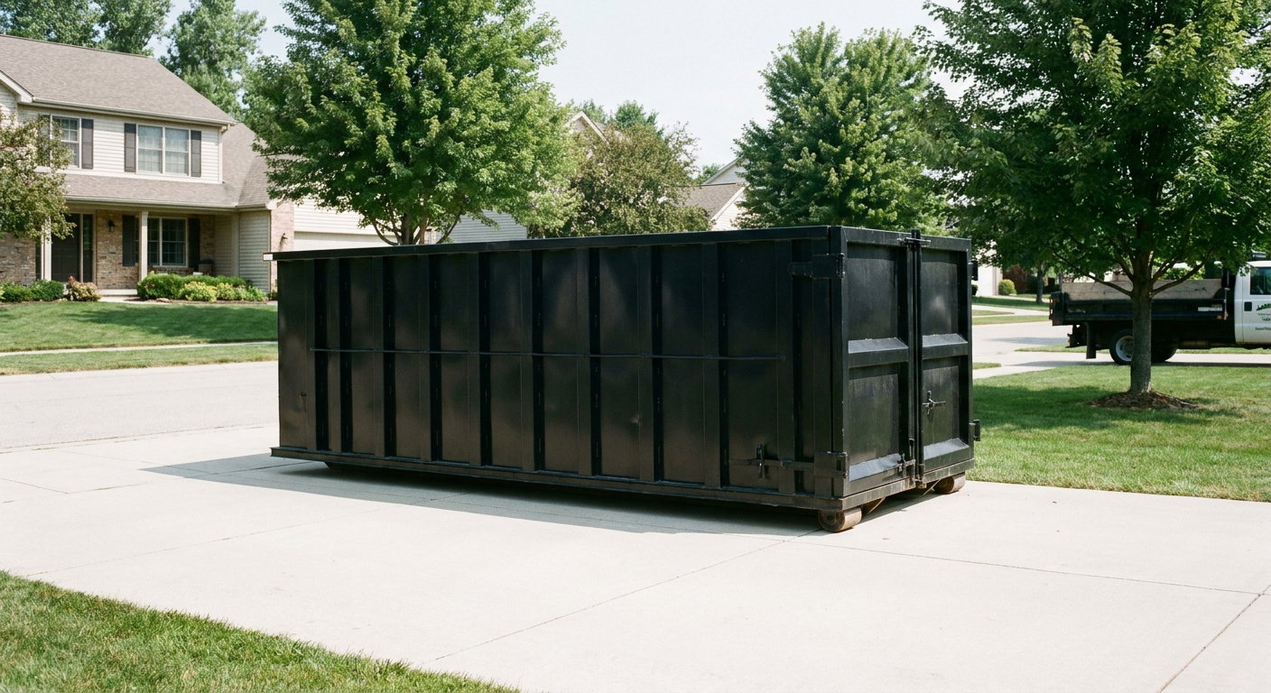 Matte-black 20-yard roll-off dumpster sitting level on a clean Escondido residential concrete driveway under bright daylight, demonstrating clean placement directly on the concrete.