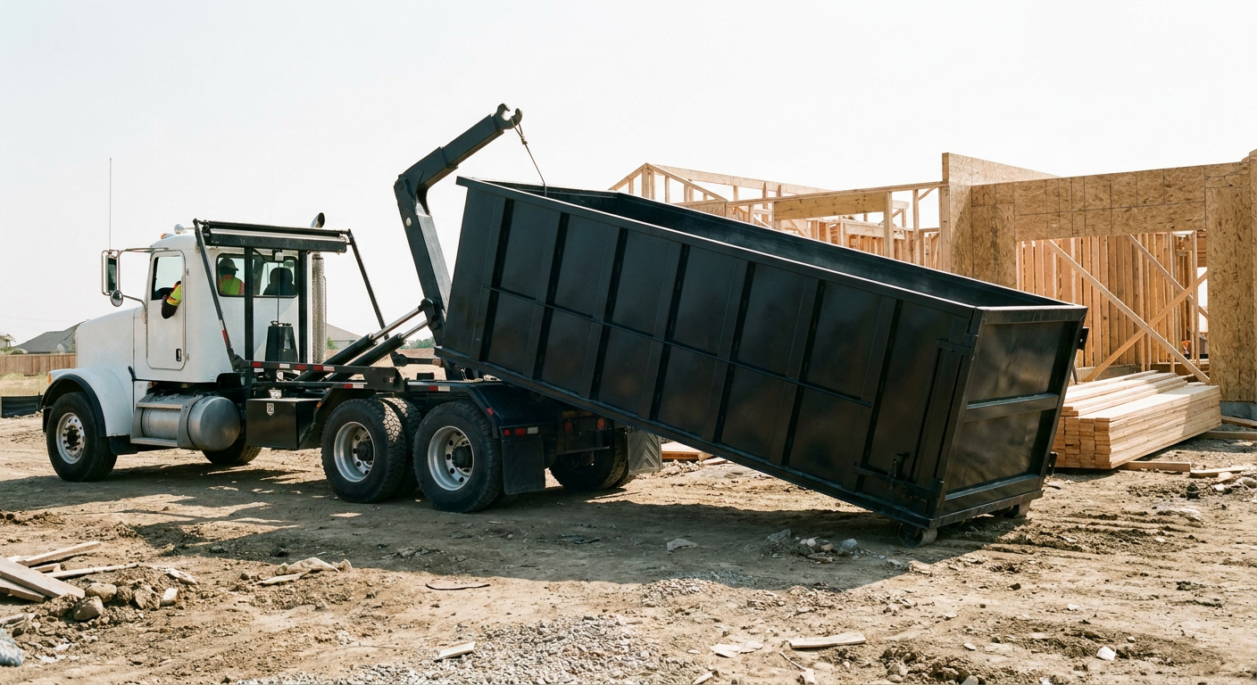Matte-black roll-off dumpster being delivered onto a clean residential concrete driveway in Escondido by an unmarked white hooklift hauler truck, bright morning daylight, documentary 35mm perspective.
