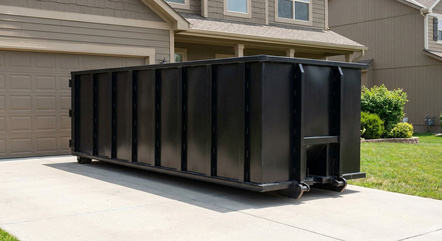 Matte-black residential roll-off dumpster sitting directly on a suburban Escondido concrete driveway, garage door closed, single-family home in background, bright morning daylight.
