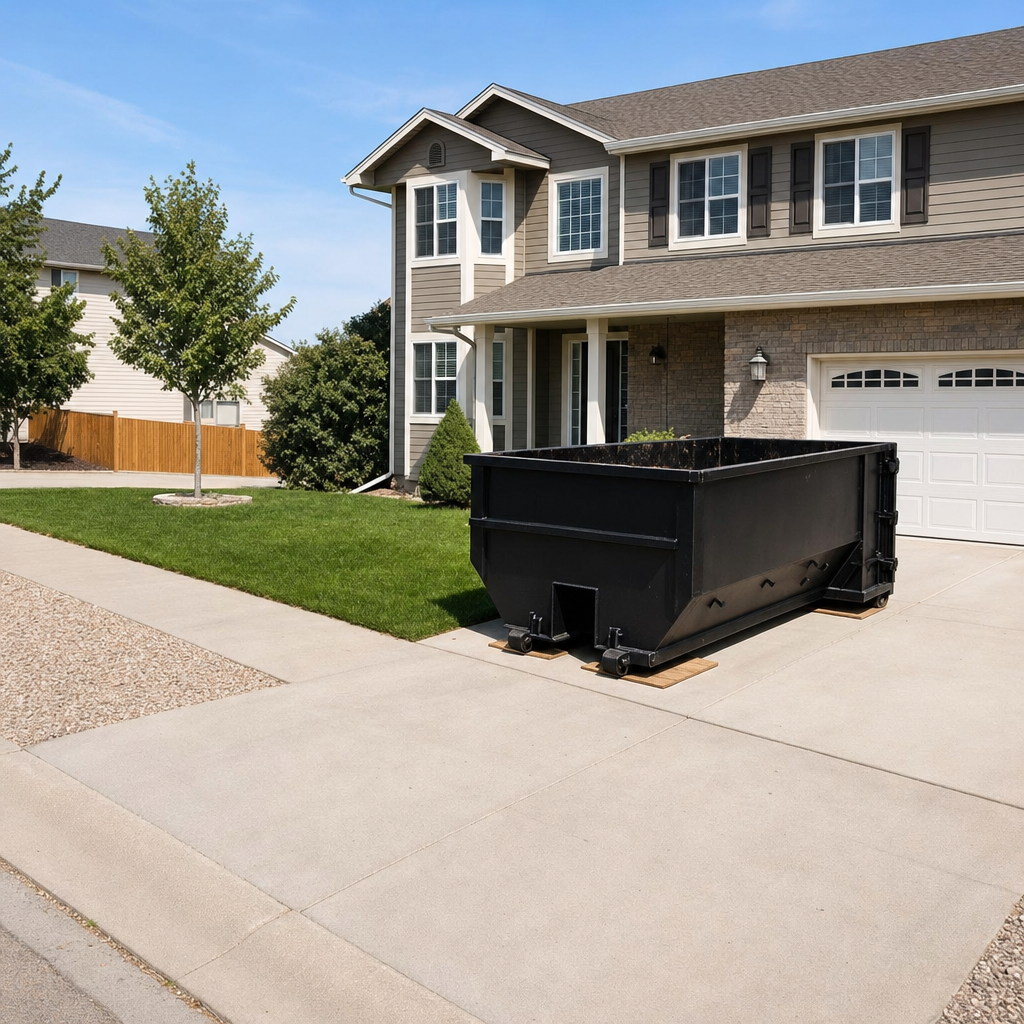 10-yard matte-black residential dumpster placed directly on a narrow Escondido concrete driveway, room remains for a parked sedan beside it, mid-morning natural light
