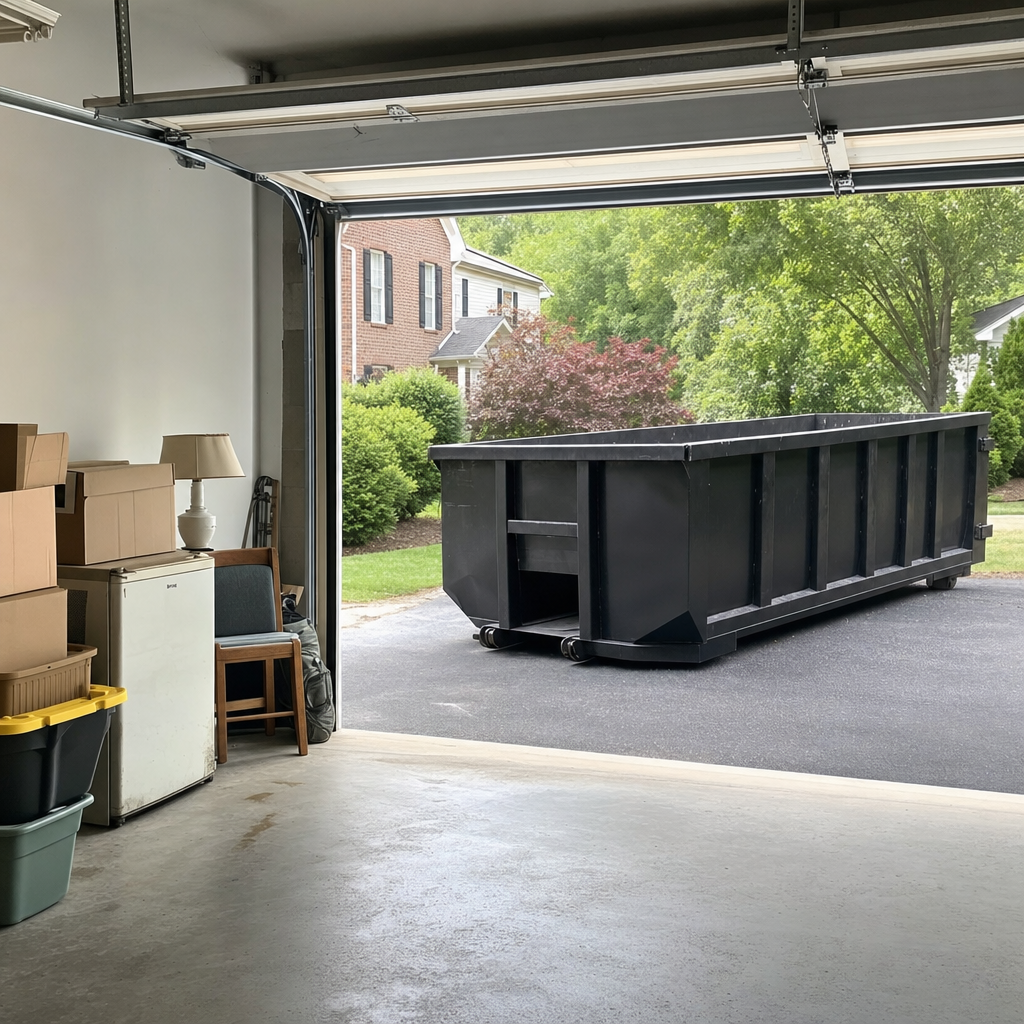 Open garage interior in a Escondido home mid-cleanout — boxed items, an old appliance, and stacked yard tools queued near the driveway for a matte-black roll-off dumpster, organized and calm