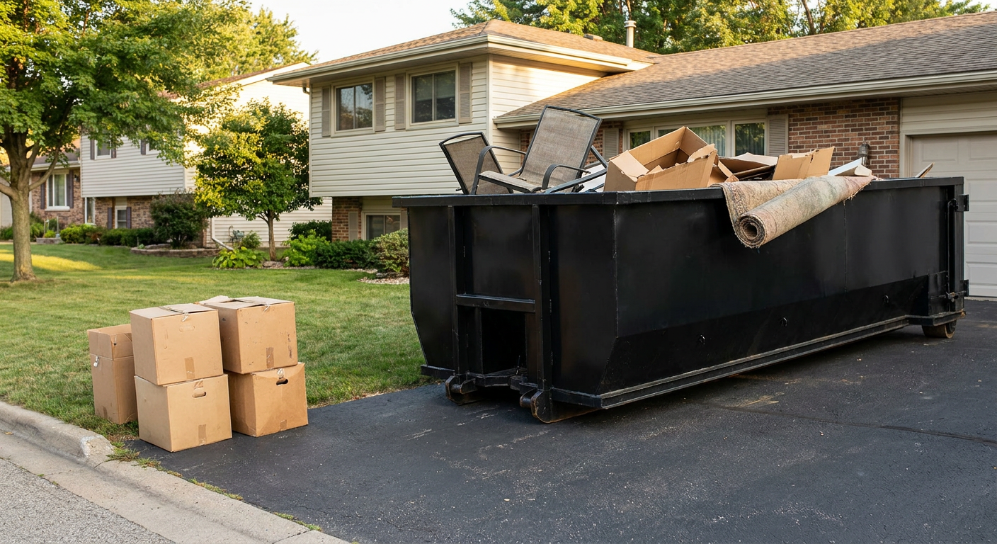 Front-yard view of a Escondido split-level home with a 20-yard matte-black roll-off dumpster sitting directly on the asphalt driveway, a few clearly labeled donation boxes staged at the curb, calm sunny afternoon.