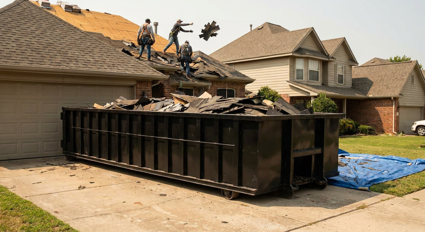 Matte-black roofing roll-off dumpster placed directly on a Escondido residential concrete driveway, a tear-off crew on a two-story asphalt-shingle roof tossing shingle bundles into the low-walled container, bright daylight, documentary 35mm perspective.