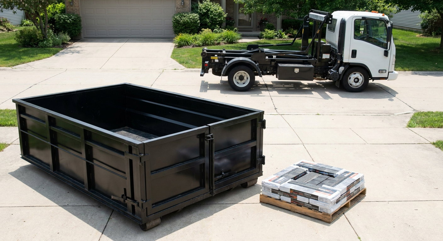 Matte-black 15-yard roofing roll-off dumpster with reinforced low side walls sitting directly on a Escondido residential concrete driveway, three-tab asphalt shingle bundles stacked nearby, an unmarked white hauler truck partially visible at the edge of the frame.