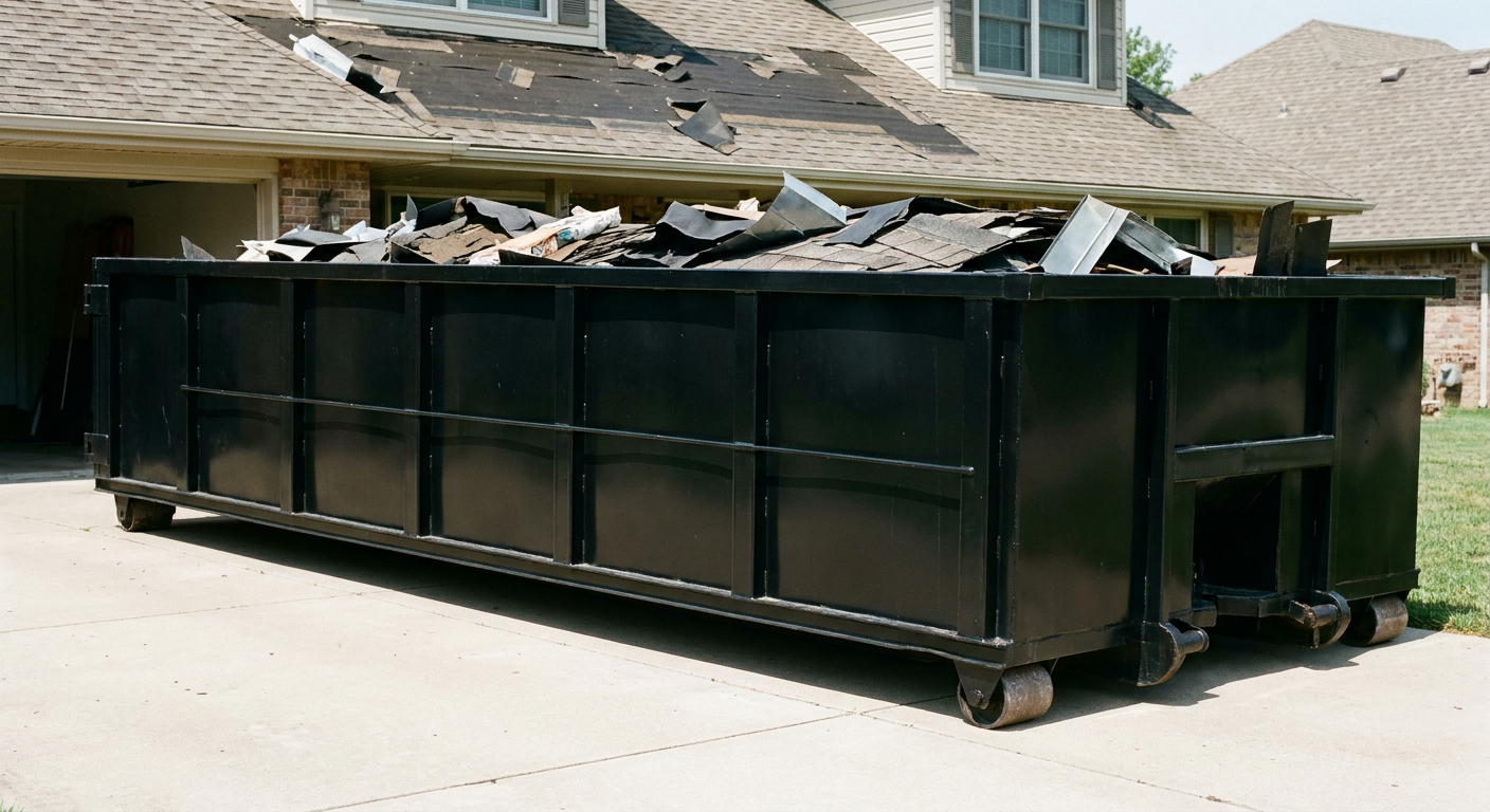 Matte-black 20-yard roofing roll-off dumpster with steel ribbed sides and swinging rear door, sitting directly on the concrete driveway of a two-story Escondido home, asphalt shingle debris being loaded over the low wall, clean documentary lighting.
