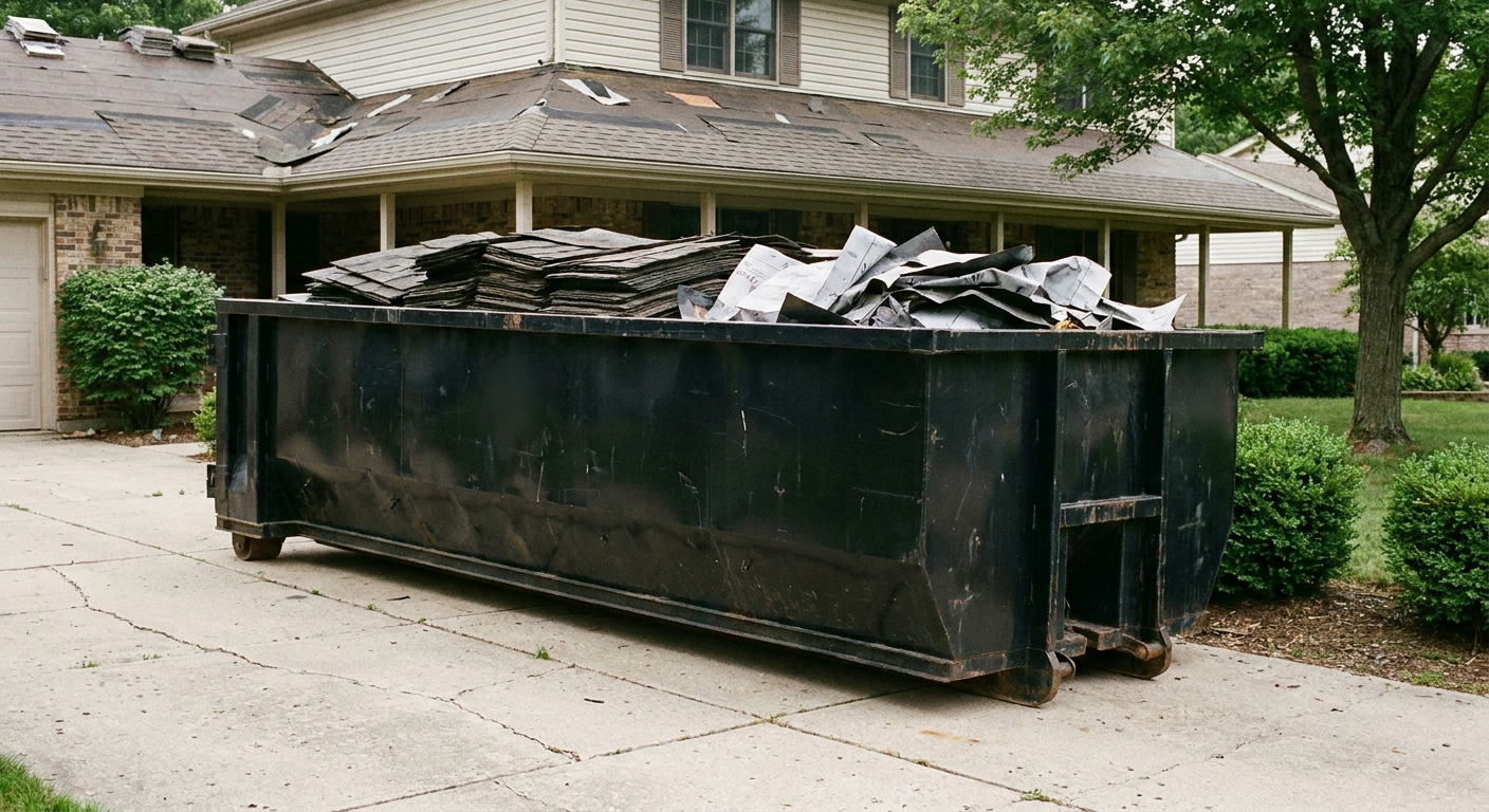 Matte-black 30-yard roofing roll-off dumpster sitting directly on a Escondido concrete driveway, taller ribbed steel side panels, mixed tear-off debris of asphalt shingles and underlayment inside, professional documentary daylight.