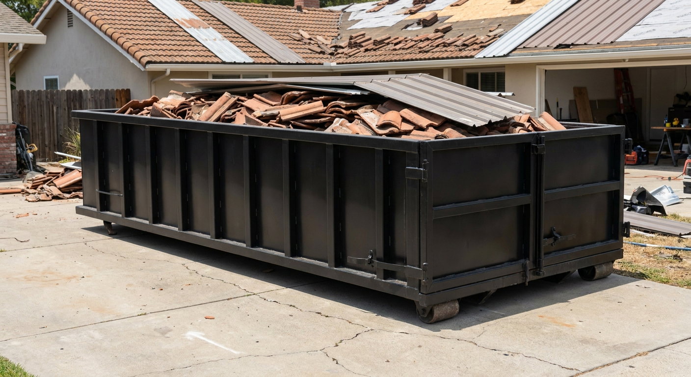 Matte-black low-wall heavy-debris roofing roll-off dumpster sitting directly on a Escondido concrete driveway, broken concrete clay roof tiles and metal panel sections loaded inside, reinforced ribbed steel side walls visible, bright outdoor daylight.