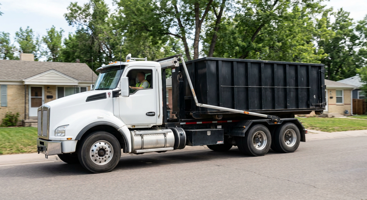 A wide documentary shot of a matte-black roll-off delivery truck pulling onto a quiet Escondido residential street at mid-morning, with neighborhood rooftops and tree-lined blocks visible behind, showing the metro coverage footprint.