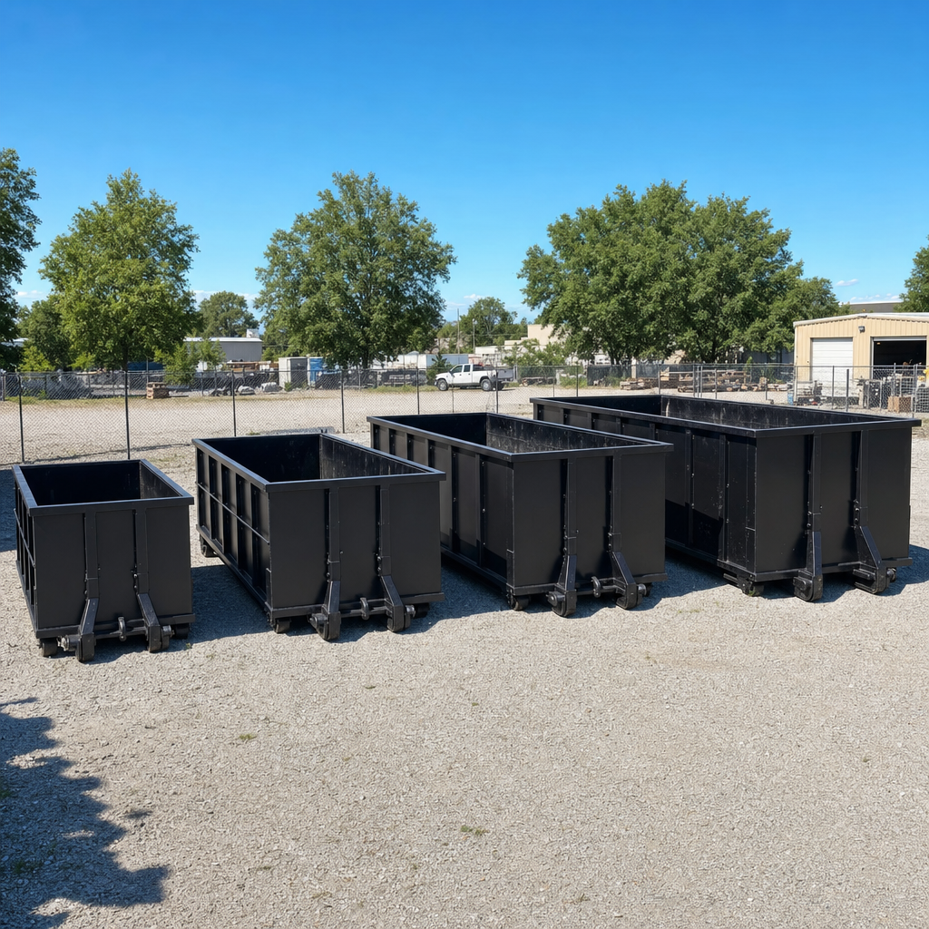 A clean lineup of matte-black roll-off dumpsters in 10, 20, 30, and 40-yard sizes staged on a sunlit gravel yard in Escondido, showing the size progression from compact to commercial-scale containers.