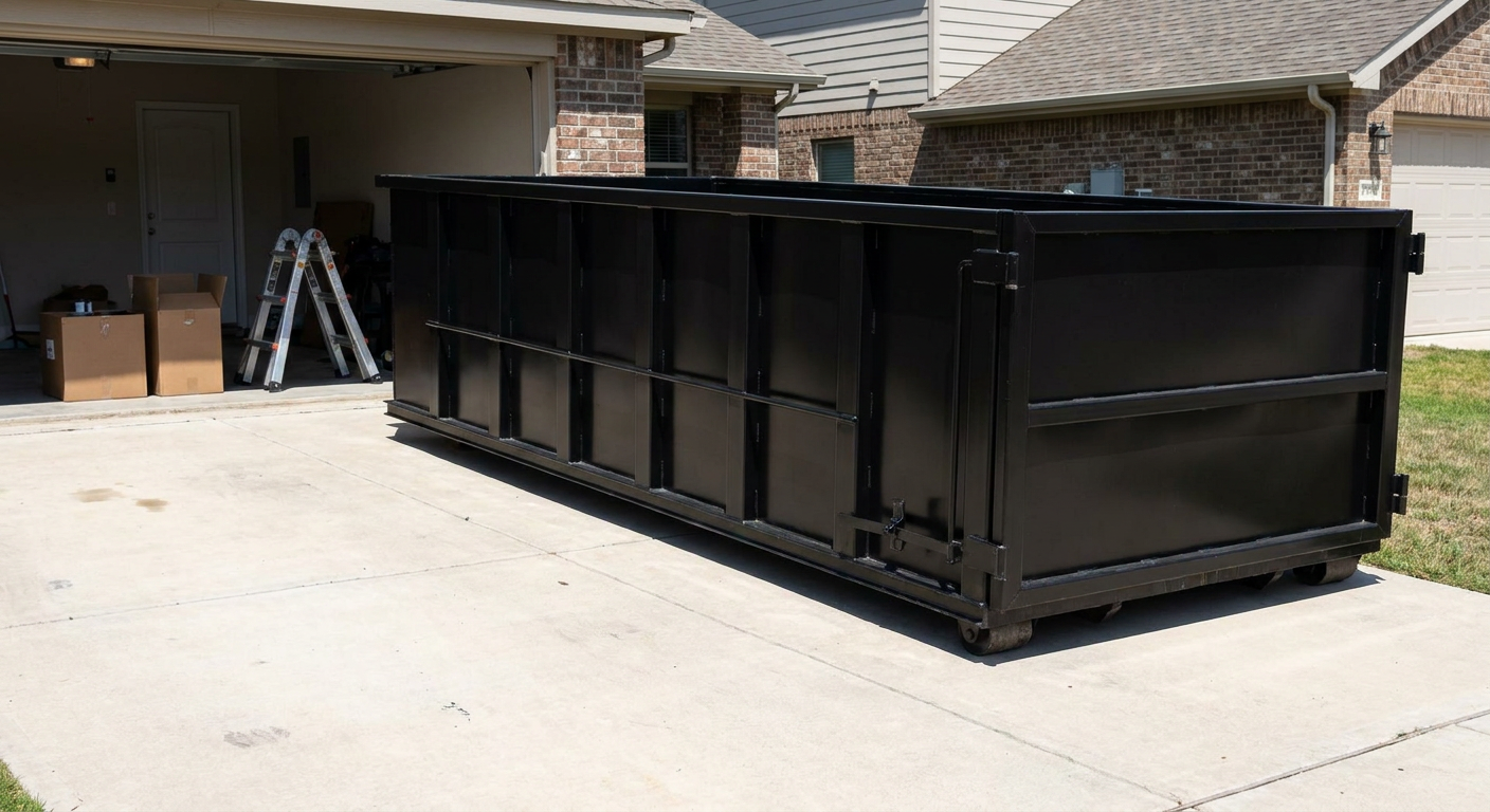 A matte-black 10-yard roll-off dumpster sitting directly on a residential Escondido concrete driveway, mid-day sunlight, clean and ready for a garage cleanout.
