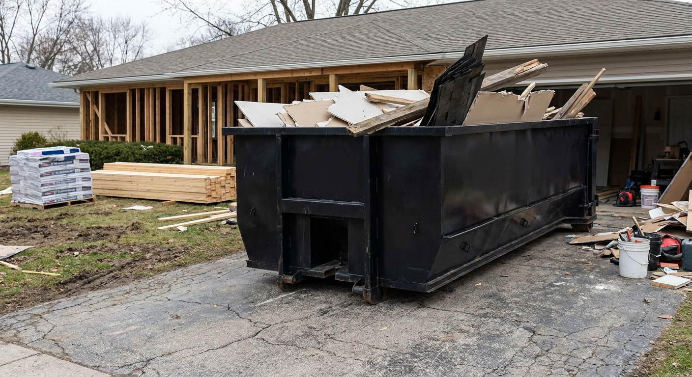 A matte-black 20-yard roll-off dumpster placed alongside a mid-renovation Escondido home directly on the asphalt driveway, with framing materials and torn-off shingles staged neatly nearby.