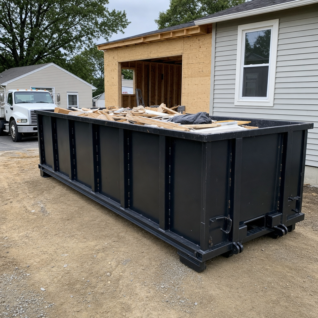 A matte-black 30-yard roll-off dumpster positioned at a Escondido residential addition jobsite, with framing lumber and drywall scraps loaded through the open swinging rear doors.