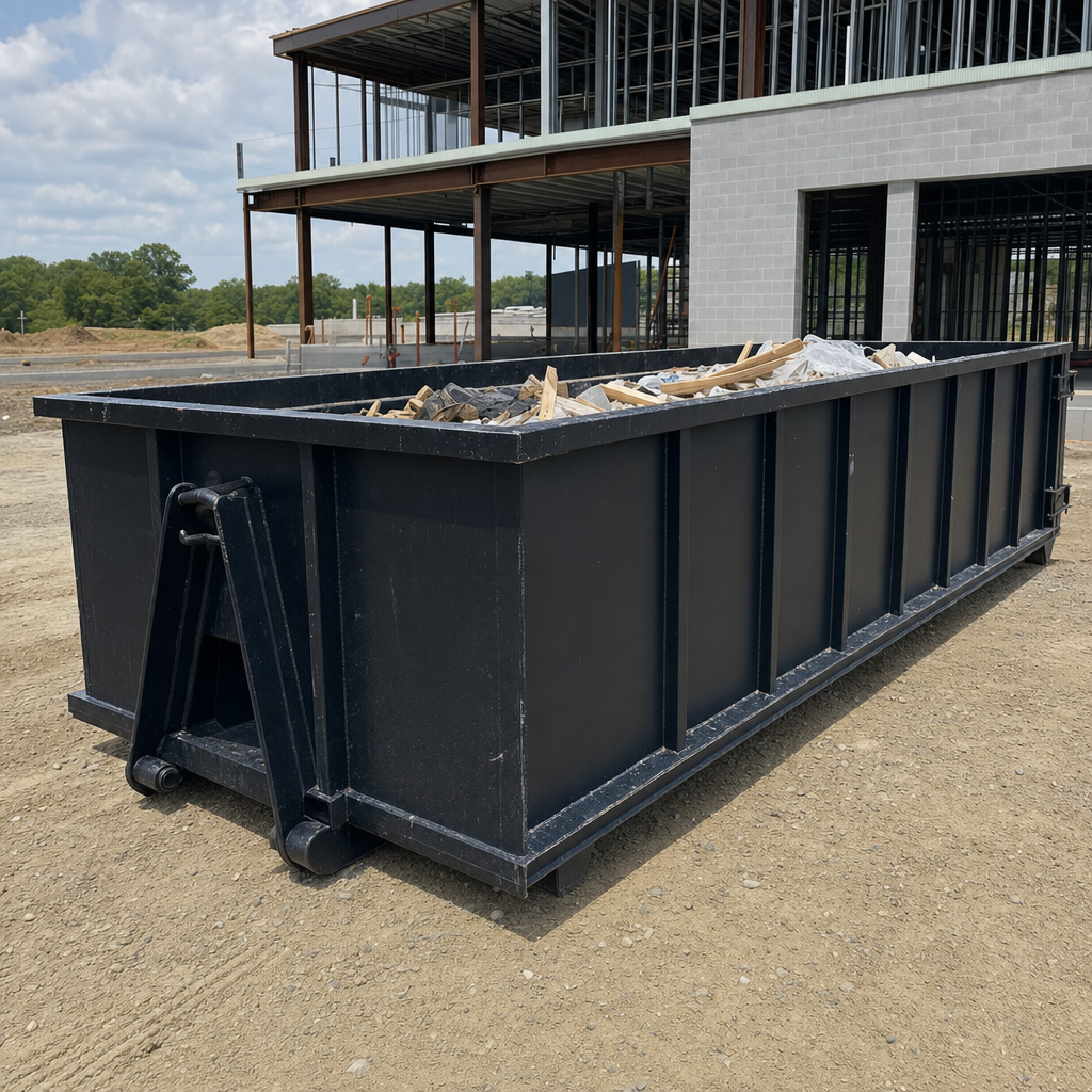A matte-black 40-yard roll-off dumpster staged on a large Escondido commercial construction lot, with a hooklift delivery truck parked alongside under bright midday sky.