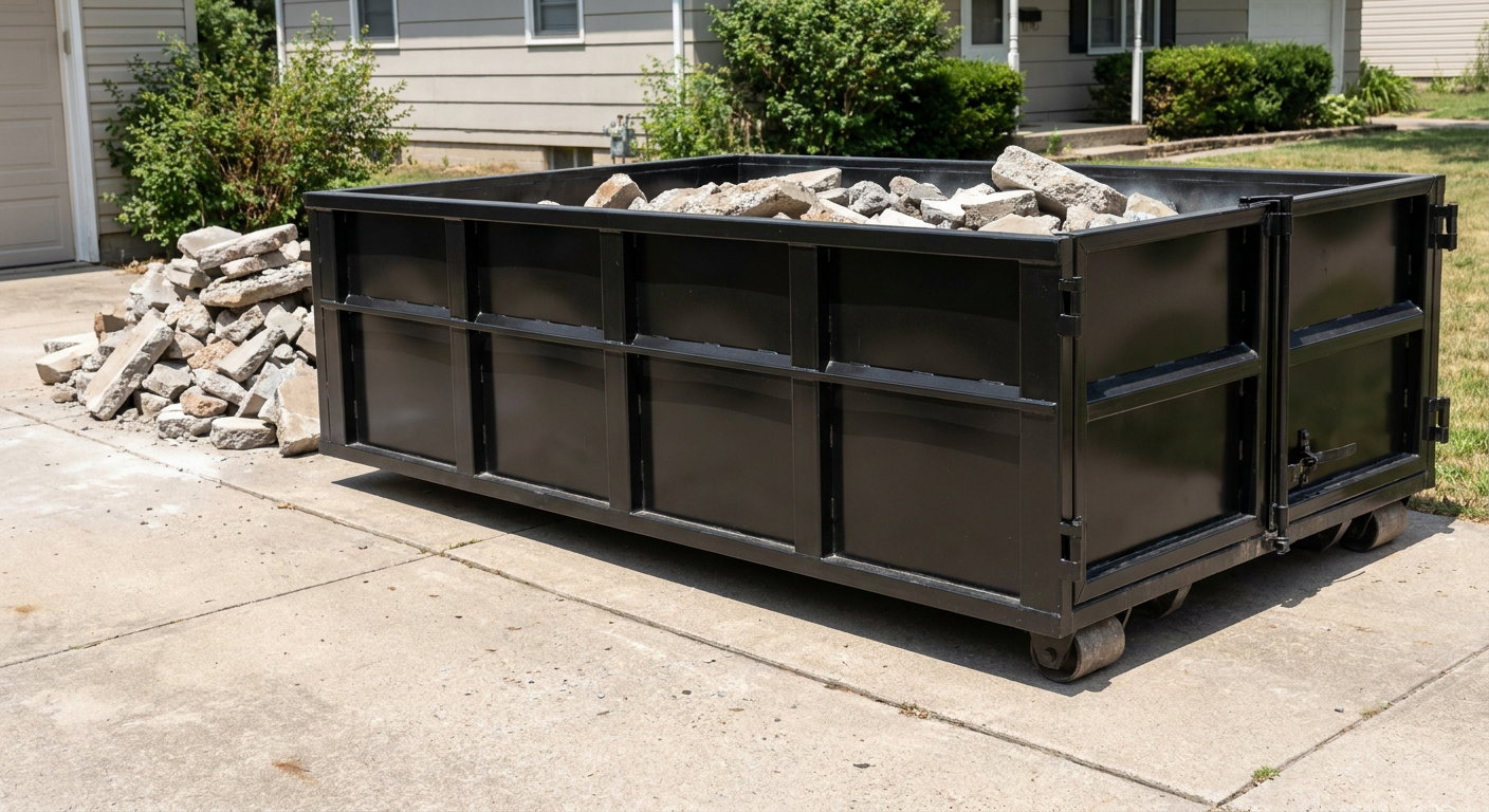 A matte-black low-side heavy-debris roll-off dumpster placed directly on a Escondido concrete driveway, with broken concrete chunks neatly stacked beside it under clean daylight.